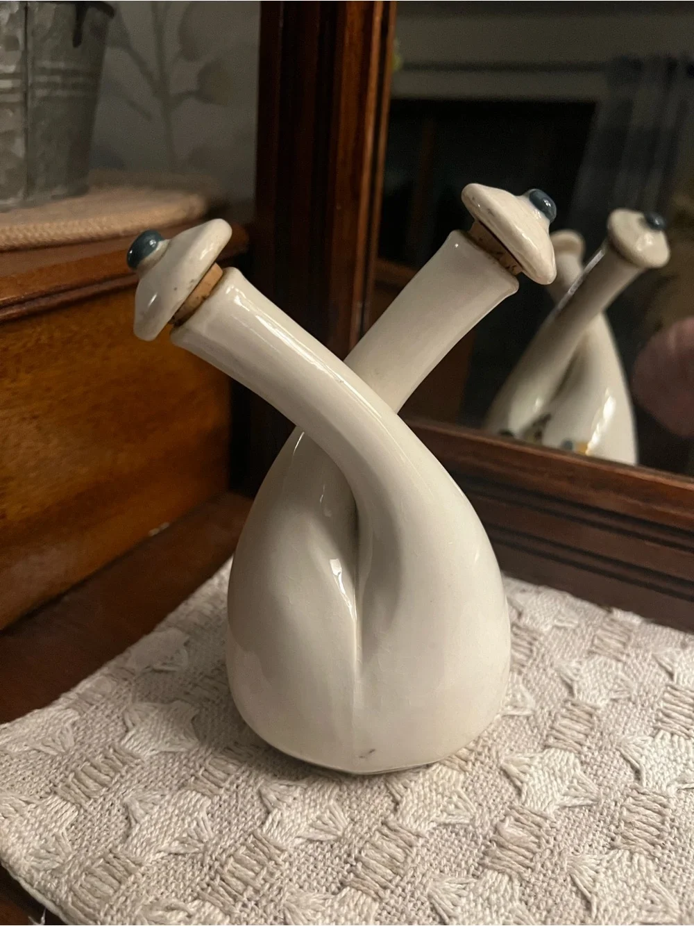 THAMES Vintage Antique Ceramic Double Neck Oil & Vinegar Bottle with Cork Stop